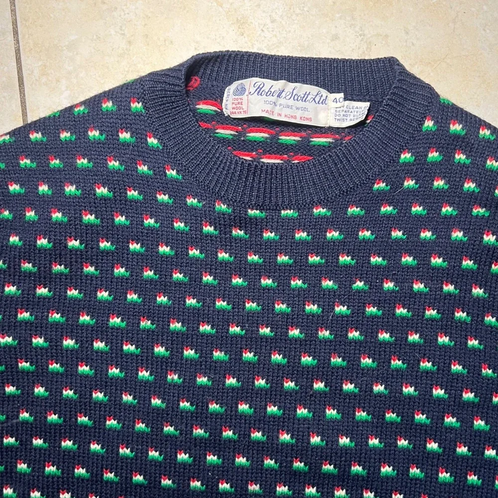 VTG 80s Robert Scott Ltd 100% Wool Knit‎ Sweater Navy Floral Cottage Womens XS